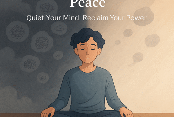 A calming illustration of a person sitting cross-legged on a wooden floor, eyes closed, in a meditative pose. The background is split: the left side shows dark stormy clouds with scribbled thought bubbles symbolizing overthinking, while the right side transitions into a warm, peaceful glow representing mental clarity. Text overlay reads: “From Overthinking to Peace — Quiet Your Mind. Reclaim Your Power.”