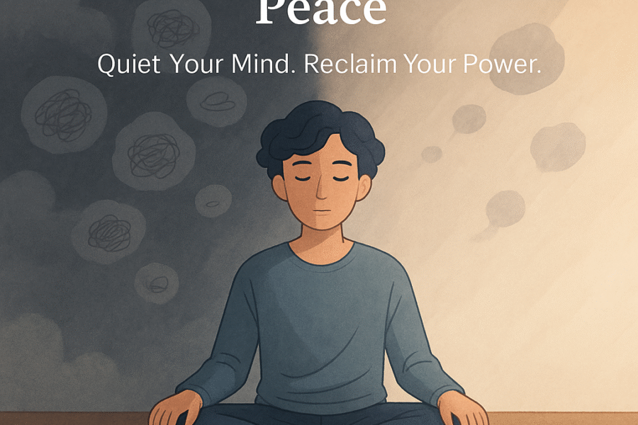 A calming illustration of a person sitting cross-legged on a wooden floor, eyes closed, in a meditative pose. The background is split: the left side shows dark stormy clouds with scribbled thought bubbles symbolizing overthinking, while the right side transitions into a warm, peaceful glow representing mental clarity. Text overlay reads: “From Overthinking to Peace — Quiet Your Mind. Reclaim Your Power.”