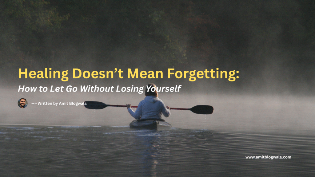 A person kayaking alone through calm, misty waters surrounded by dark forest, symbolizing a solitary but steady journey of healing and letting go.