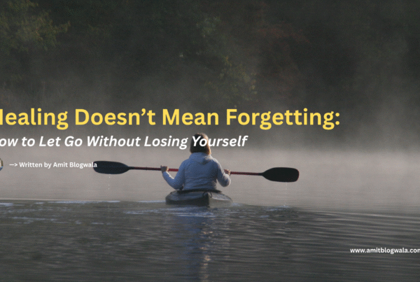 A person kayaking alone through calm, misty waters surrounded by dark forest, symbolizing a solitary but steady journey of healing and letting go.