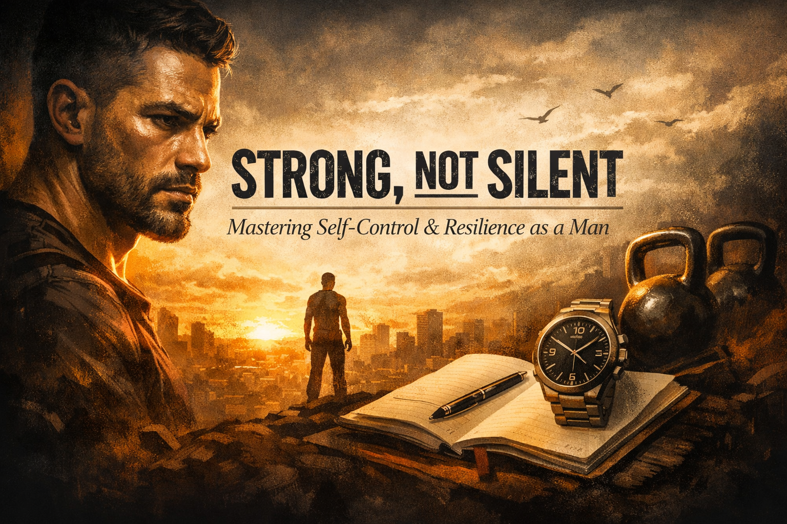 Illustration of stoic man at sunrise symbolizing emotional strength.